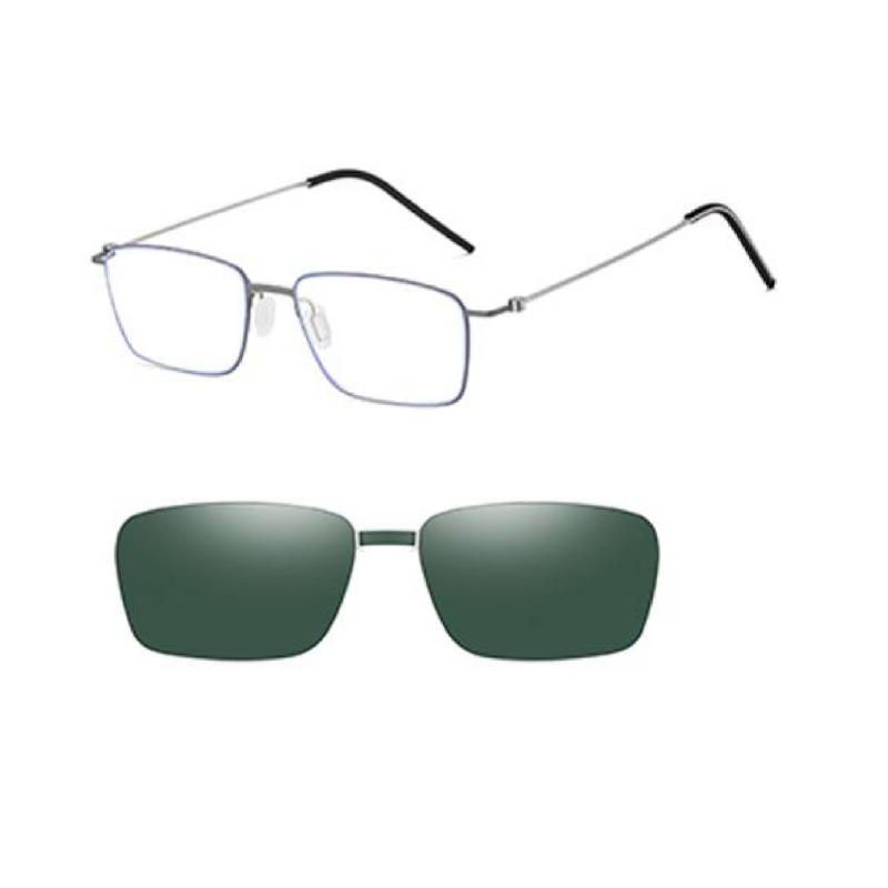 OpteLux OGD791 glasses with clip on sunglasses — silver frame with green clip lenses
