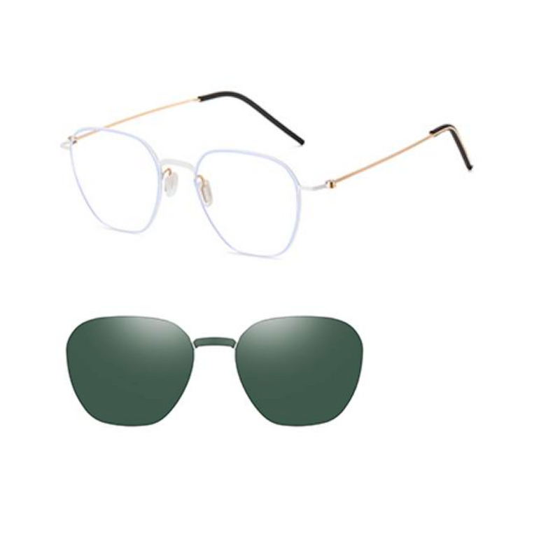 Titanium clip on sunglasses with white frame and green polarized clip lens