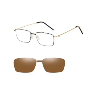 OGD791 glasses with clip on sunglasses — tortoise gold with brown clip, angled front