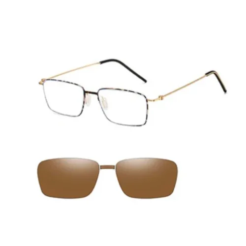 OGD791 glasses with clip on sunglasses — tortoise gold with brown clip, angled front