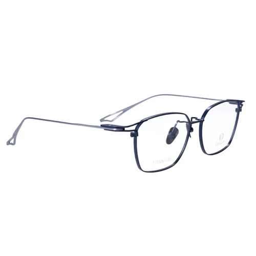 Three-quarter left view of Optelux ONC7C2 titanium square glasses with slim cut-out temples