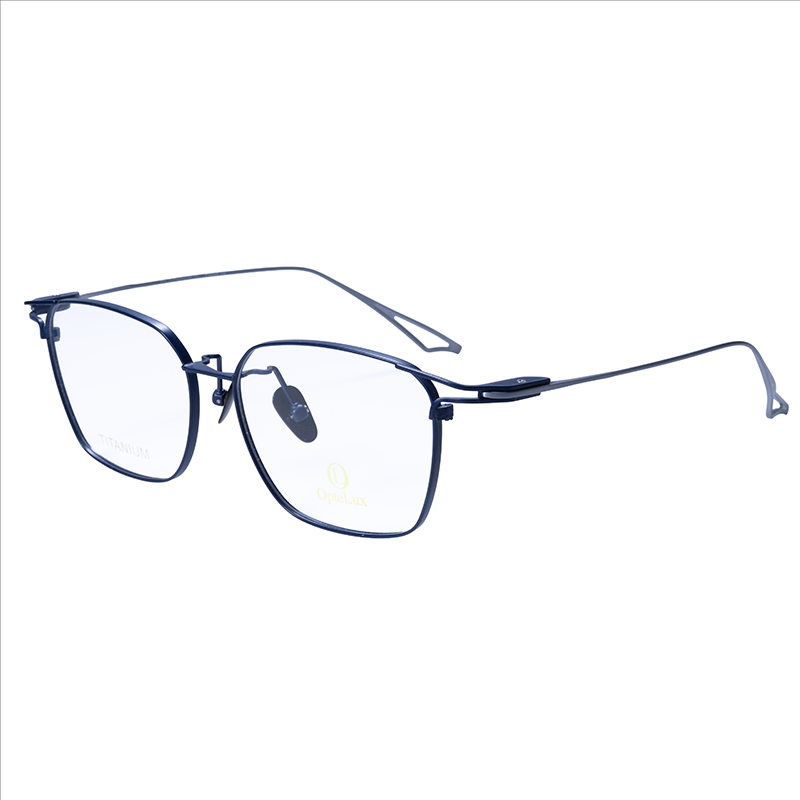 Three-quarter right view of Optelux ONC7C2 titanium square glasses showing lightweight frame structure