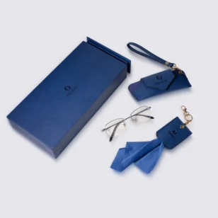 OpteLux Premium Leather Glasses Case Gift Box Display – Executive Navy Packaging with Eyewear Accessories