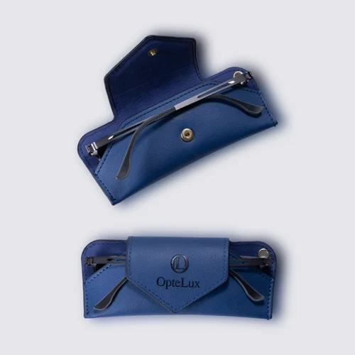 OpteLux OPXCASE001 Premium Leather Eyeglass Case with Wrist Strap – Navy Blue Luxury Glasses Holder