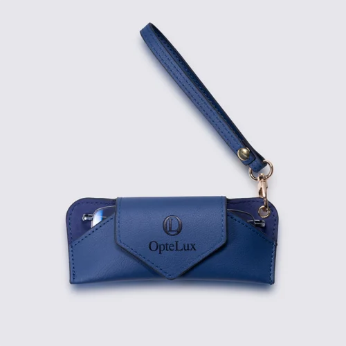 OpteLux Leather Eyeglass Case with Wrist Strap in Navy Blue – Front View