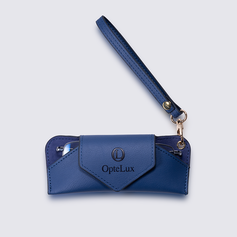 OpteLux Leather Eyeglass Case with Wrist Strap in Navy Blue – Front View