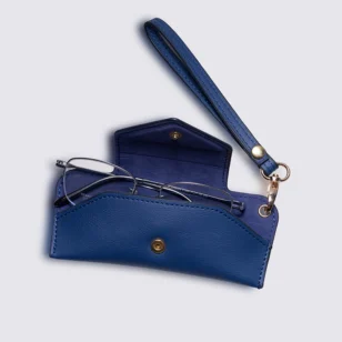OpteLux Leather Eyeglass Case with Wrist Strap Open View Showing Glasses Inside