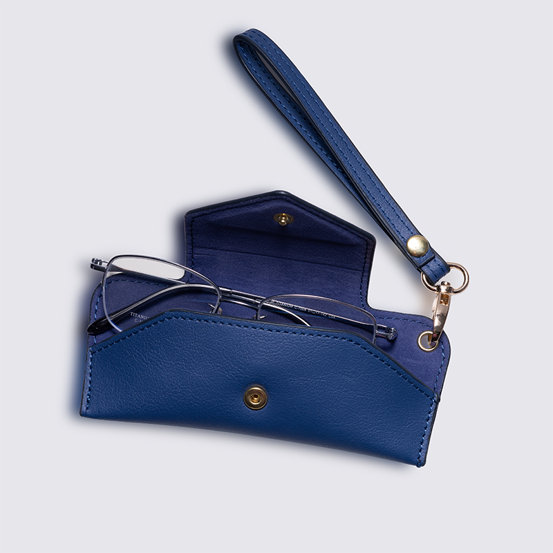 OpteLux Leather Eyeglass Case with Wrist Strap Open View Showing Glasses Inside