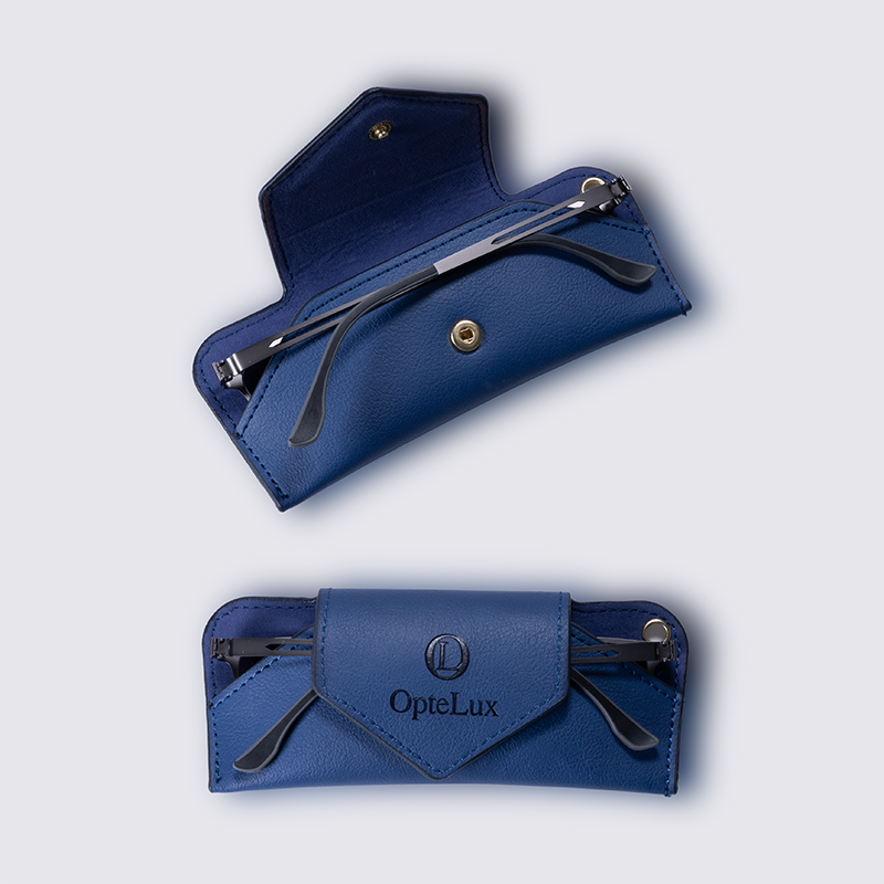 OpteLux OPXCASE001 Premium Leather Eyeglass Case with Wrist Strap – Navy Blue Luxury Glasses Holder
