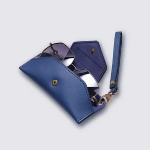 OpteLux Premium Leather Eyeglass Case with Wrist Strap in Navy Blue