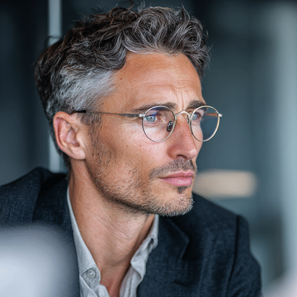 Professional man in an office wearing sleek OpteLux titanium glasses - shop mens eyeglasses