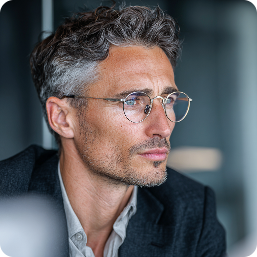 Professional man in an office wearing sleek OpteLux titanium glasses - shop mens eyeglasses