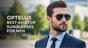 A man with a beard wearing a navy blue suit and dark-lens aviator sunglasses with a thin metal frame. The image includes the text "OPTELUX BEST AVIATOR SUNGLASSES FOR MEN" against a blurred outdoor background.