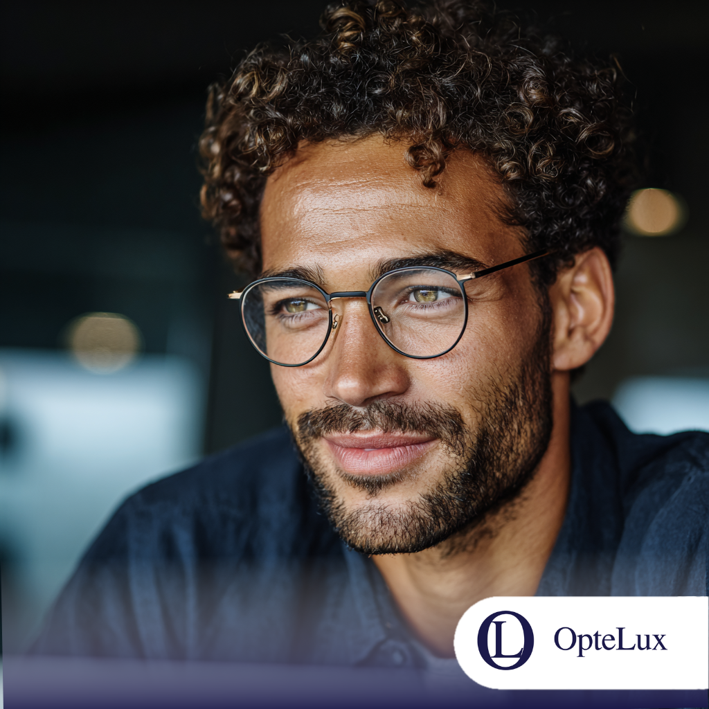 A man with curly hair and a beard wearing stylish round black-rimmed prescription glasses from OpteLux. He is looking thoughtfully to the side in a lifestyle setting. The OpteLux logo is visible in the bottom right corner