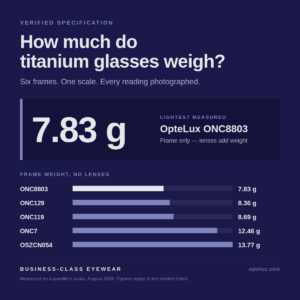 Chart of OpteLux titanium frame weights from 7.83 g to 13.77 g, frame only, with the ONC8803 lightest