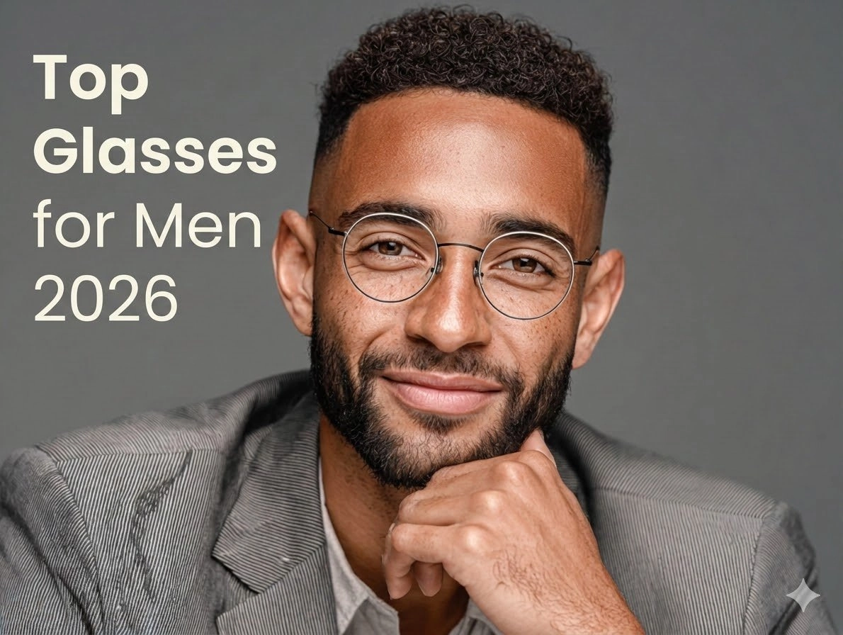 A stylish man with a beard and short curly hair wearing thin black round wire-frame prescription glasses for the 2026 trend guide.